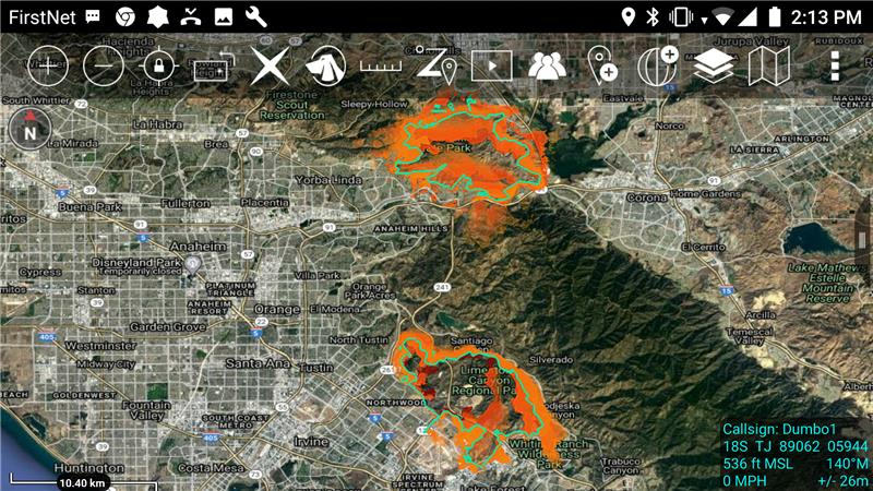 TAK was used to depict the reported fire perimeter boundaries (in green outline) of the Silverado (south) and Blue Ridge (north) fires and the predicted fire modeling (orange) in Orange County, California, in October 2020.