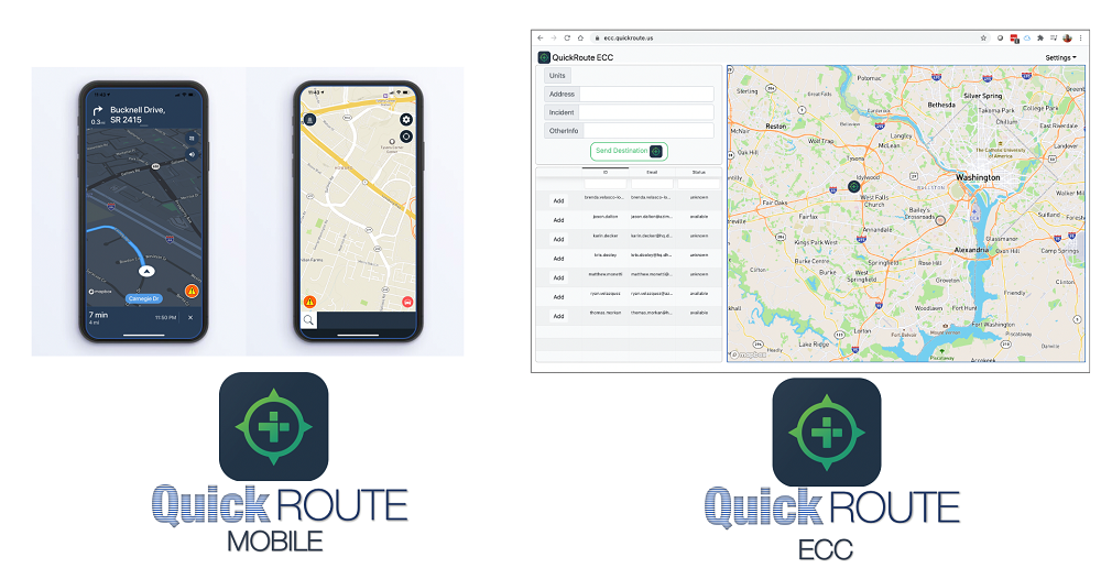 QuickRoute Mobile app showing on a mobile phone and QuickRoute ECC screen showing a map..