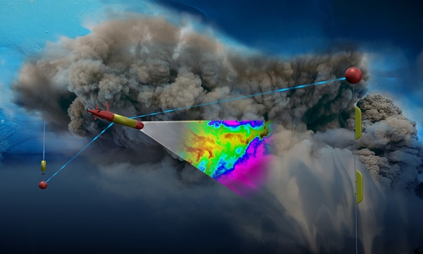 An artist’s depiction of LRAUV under sea ice. Using photo-chemical sensors, the robot scans the density of a billowing cloud of oil coming from an ocean floor well. The red and yellow objects are parts of a communication system consisting of antennas suspended under ice from a buoy installed on top of the ice.  Graphic by ADAC.