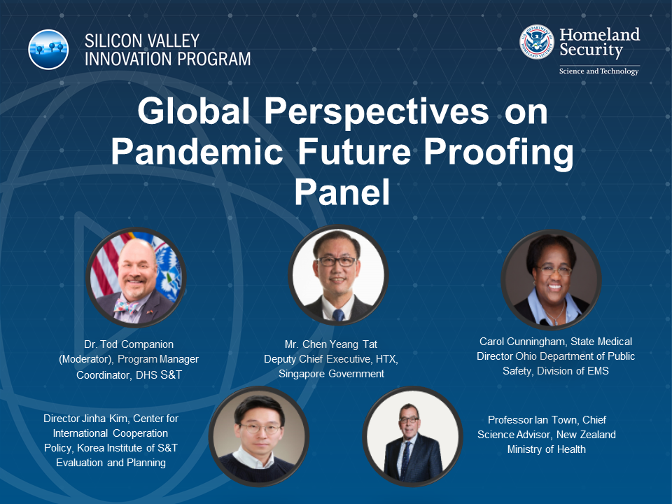 Global Perspectives on Pandemic Future Proofing Panel. Images of: Dr. Tod Companion (Moderator) Program Manager Coordinator, DHS S&T; Mr. Chen Yeang Tat Deputy Chief Executive HTX Singapore Government; Carol Cunningham State Medical Director Ohio Department of Public Safety, Division of EMS; Director Jinha Kim, Center for International Cooperation Policy, Korea Institute of S&T Evaluation and Planning; Professor Ian Town, Chief Science Advisor, New Zealand Ministry of Health