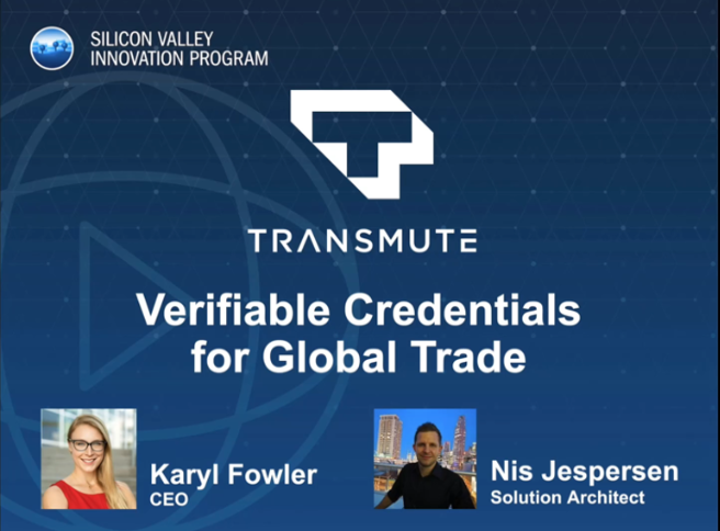 Transmute logo. Verifiable Credentials for Global Trade. Image of Karyl Fowler, CEO. Image of Nis Jespersen, Solutions Architect