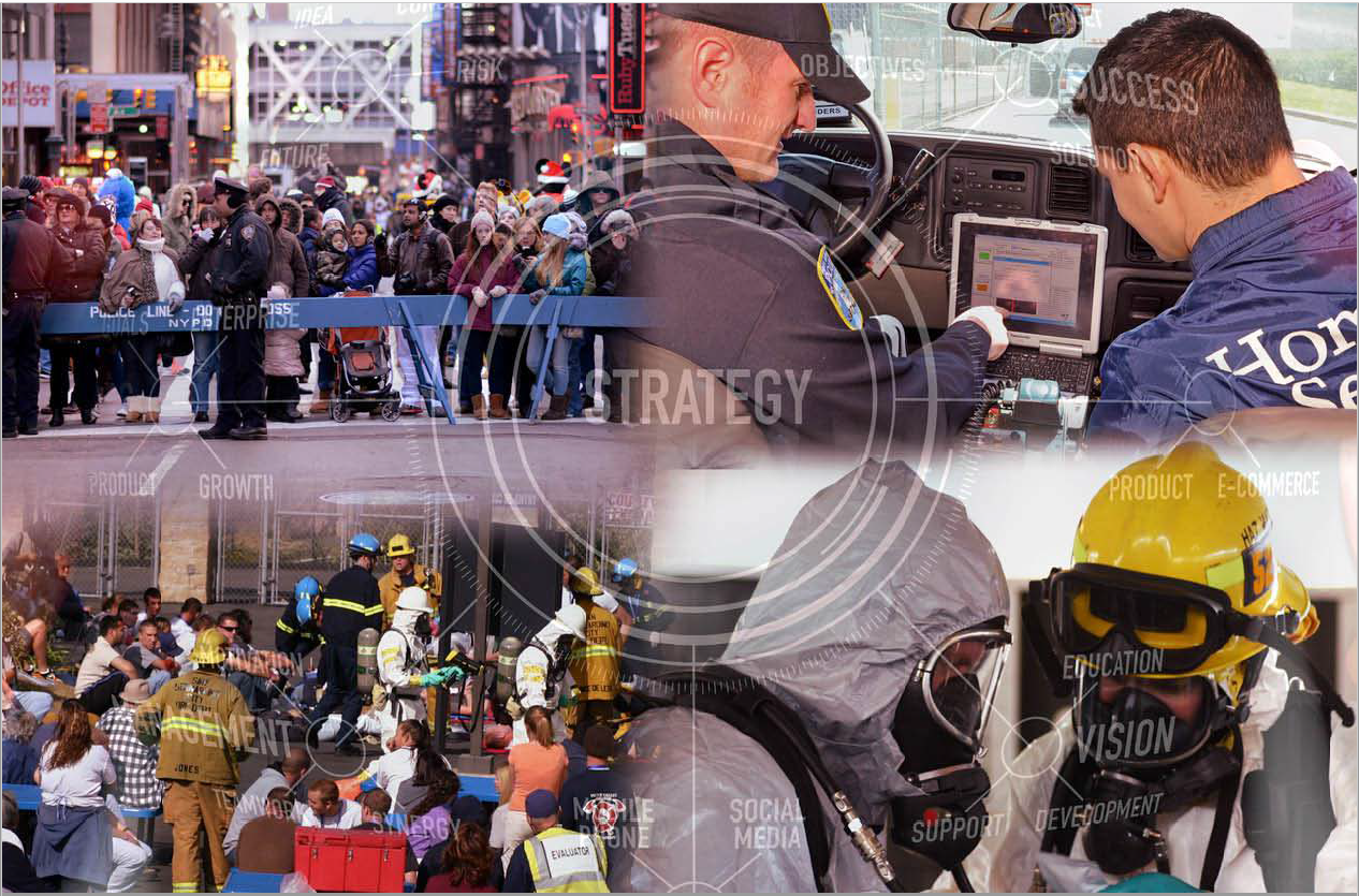 Collage of responders in action, taken from the First 100 Minutes report cover