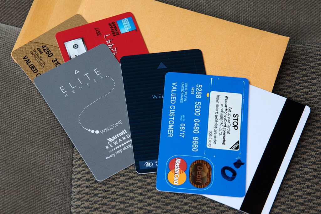 Several credit cards, hotel key cards and other cards with magnetic strips