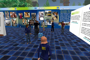 In Meteora's exhibit hall, OIC support staffer “StephR Beck” (Stephanie Rivera) explores how NOAA uses Second Life to reach out to citizens in the real world.