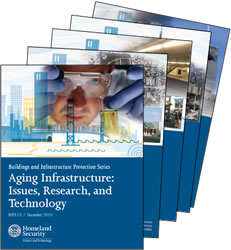 Building and Infrastructure Protection Series (BIPS) publications picture. PIctured report is titled: Aging INfrastructure: Issues, Research, and Technology