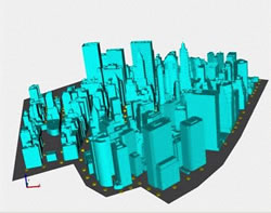 As seen in this UBT simulation, the uneven streetscapes of a major city create urban canyons that make a truck bomb’s shockwave difficult to model. See an animated demo.