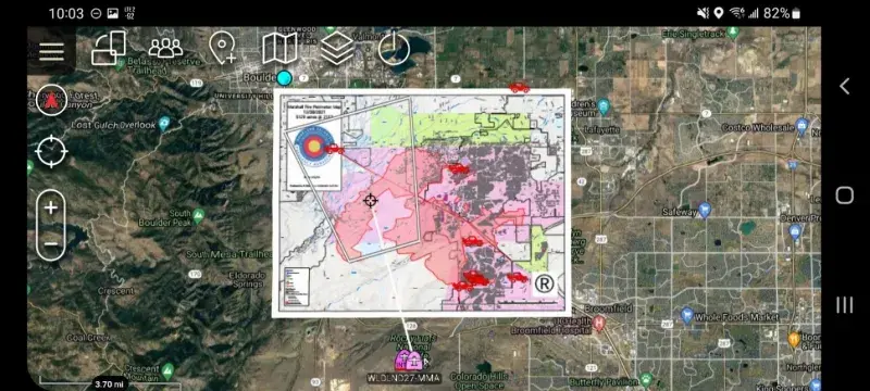 Response to the Marshall Fire in Boulder County, Colorado by ATAK users, fire engines, and Colorado’s Multi-Mission Aircraft viewed in the ATAK app. 