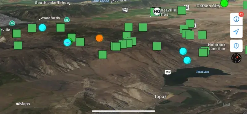 Locations of Interagency resources tracked on the Tamarack Fire viewed in the iTAK app. Circles indicate other TAK app users, and green squares indicate resources with satellite trackers.
