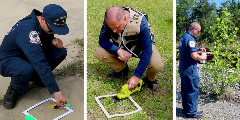 Left photo: A squatting Caucasian man takes a sample from a concrete sidewalk inside a square framed by white paper using a yellow sponge on a black stick. He is dressed in navy Coast Guard uniform. Center photo: A squatting Caucasian man trims grass inside a square framed by white paper using a yellow-green handheld battery powered trimmer. The man wears khaki pants, long-sleeve navy shirt and khaki vest with black horizontal stripes. Right photo: A Caucasian man takes places a leaf sample from a young syc
