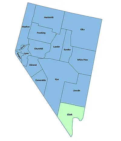 State of Nevada with boundaries for and names of each county displayed