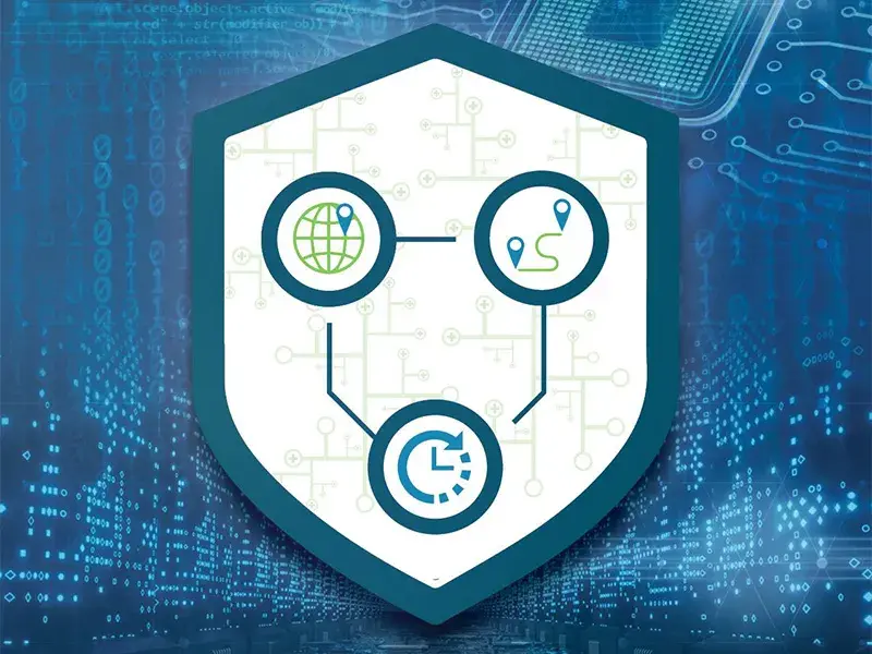 A shield graphic shows icons representing positioning, navigation, and timing with digital code and circuit board imagery in the background. It is from the cover of the “Resilient Positioning, Navigation, and Timing (PNT) Reference Architecture”.
