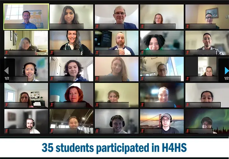 “35 students participated in H4HS” along with a screenshot from the event showing 20 participants’ faces on a video conference call.