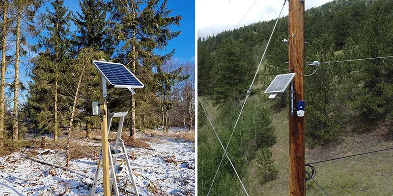Two different sensor technologies are depicted side-by-side in forest settings in Oregon’s Willamette Valley. At left, the Breeze Technologies sensor is mounted on a wood stake in snowy ground with trees in the background. At right, the N5 Systems sensor is mounted on a utility pole with wires shown and trees in the background.