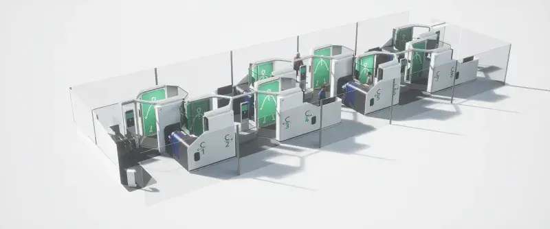 Overhead view of a concept design of a single row of pod-based screening system that shows a passenger screening themselves while a security officer waits to assist them if needed.