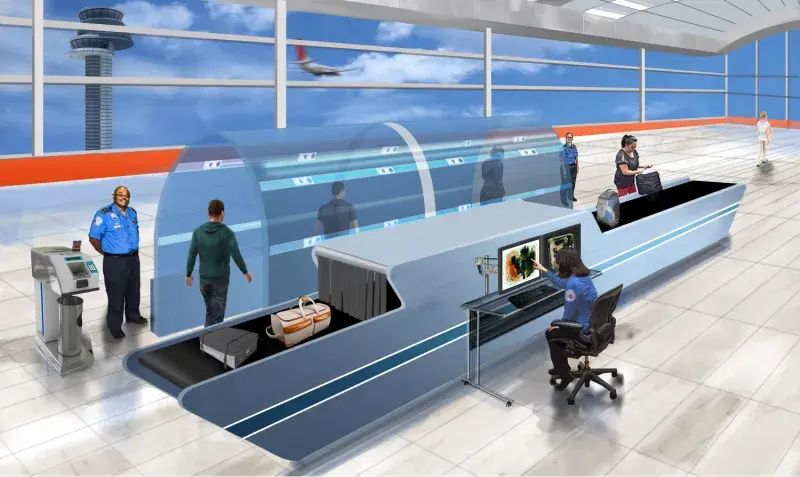 Concept design of air travelers pass through a screening tunnel in a futuristic airport while security officers usher travelers through and review screening results at a computer terminal.