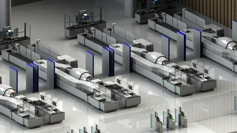 Overhead view of a four-lane self-service screening checkpoint with a glass wall and entry points, white carry-on bag conveyer system, passenger screening panels, and security officer computer review stations.