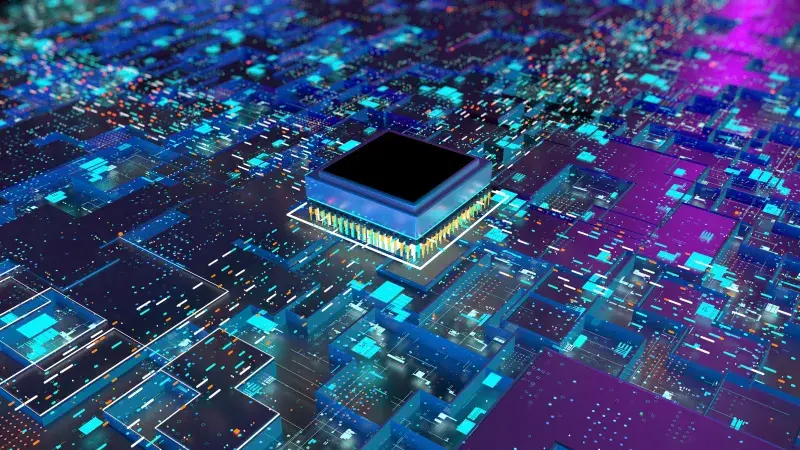 3D illustration of a circuit board with a central processing unit, a working digital motherboard chip with numerous illuminated connections and a purple and blue background.  