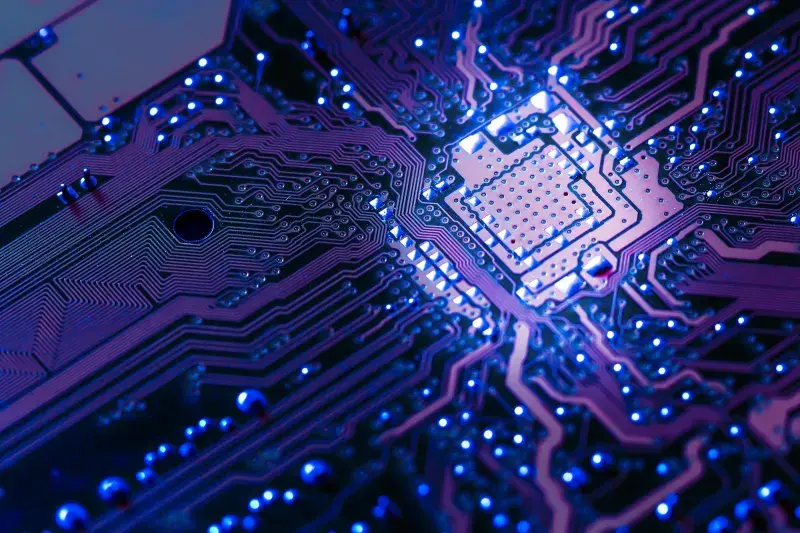 Generic illustration of purple, blue and black computer circuit board with a central processing unit. The motherboard chip has multiple illuminated connections extending in all directions.