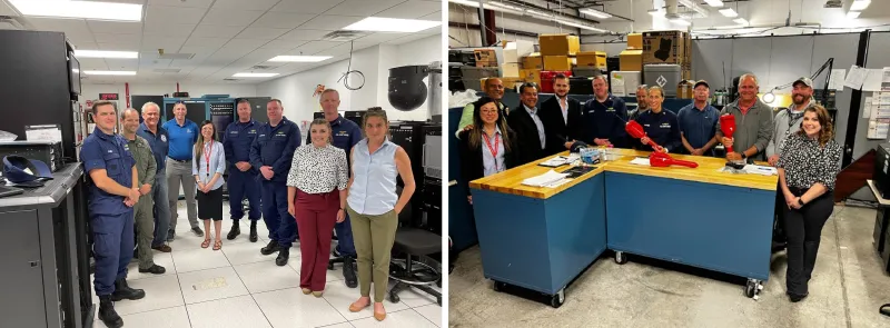Two photos of people standing in two different rooms. The MOTT test teams, including members from SVIP, USCG, Kenautics, Inc. and Morcom International, Inc.