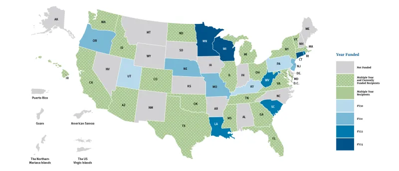 TVTP Grantee Map showing which states were not funded, have been funded for multiple years and are currently being funded, are multiple year recipients, funded in FY20, funded in FY21, funded in FY22, and funded in FY23. 