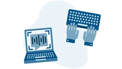 Graphics of hands over a keyboard and a computer with text on screen representing the Accessibility subtopic.