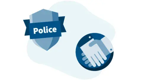 Graphic with a badge with Police written across it. Graphic with shaking hands. Both represent Law Enforcement Partnerships. 