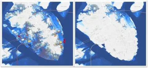 Screenshot from CFRSS ArcGIS project showing the Charleston, South Carolina, peninsula. The white areas are parts of Charleston that are above water, while the blue represents the surrounding water and areas of land that have flooded. Some parts of the city are colored red, orange or yellow to represent sample visual of flood damage costs. The left image shows the extent of flooding marked by the blue areas from Hurricane Hugo, while the right image shows more white space and fewer areas that would have flo