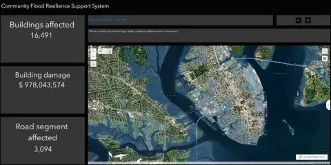 Screenshot of CFRSS web viewer showing the extent of flooding in Charleston, South Carolina, from Hurricane Hugo. The software color-codes buildings based on the dollar value of damage they experience, and this dashboard view provides details that can help community leaders develop and communicate their flood resilience plan. This sample dashboard view shows the following information on the left: Buildings affected- 16,491; Building damage- $978,043,574; and Road segment affected- 3,094. The satellite view 