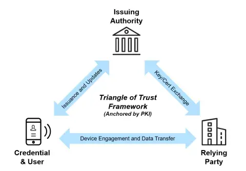 This image depicts the Triangle of Trust Framework (Anchored by PKI) for the issuance and use of driver's licenses showing three distinct parties: The Issuing Authority, the Credential and the User, and the Relying Party. The image also shows the role each component holds with the Triangle of Trust to establish the authenticity of a driver's license. Roles define in the image include the Issuing Authority issuing and updating the driver’s license credential to the user; the Issuing Authority sending essential information to the Relying Party so it can authenticate a driver’s license; and the User and Relying Party engaging in a check of a driver’s license.