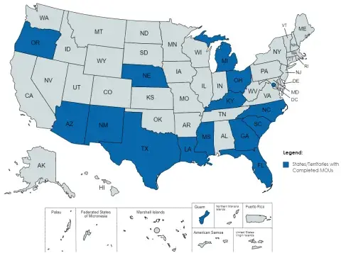 FY22 Diversity-Driven Engagement Map. States and territories shaded in blue consist of completed MOUs.