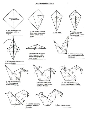 Instructions on how to create an origami rooster