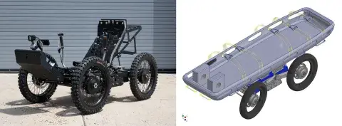 Two images. On the left, the Outrider Coyote 4wd vehicle, an unpadded full back seat on a supporting structure with large black Wheels. parked motionless on concrete. In the background – a large gray loading door in the closed position. On the right, an illustration of the proposed Unmanned Ground Vehicle with a gray stretcher on top of a supporting structure with large black wheels.