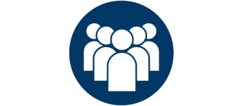 Group of five people icon with a blue background