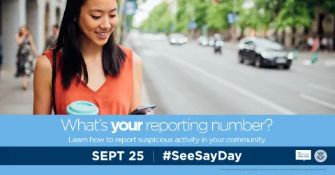 What's your reporting number? Learn how to report suspicious activity in your community. Sept 25 | #SeeSayDay