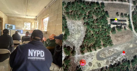 Left photo: First responders observe inside a room screen that show a map. Right photo: Satellite map showing pavement, roads, forests and buildings from above. 