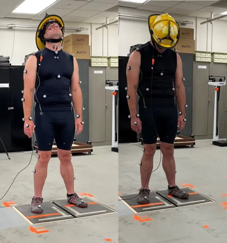 A local firefighter volunteers to perform various head and neck range-of-motion tasks while wearing a traditional firefighter helmet for the data gathering process. 