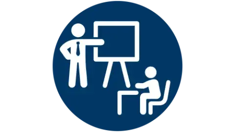 Blue icon with a standing white stick figure teaching a sitting white stick figure