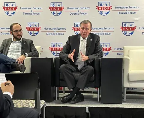 Eric Hysen (left) and Under Secretary Kusnezov (right) discuss the challenges and opportunities of AI at the Homeland Security Defense Forum.