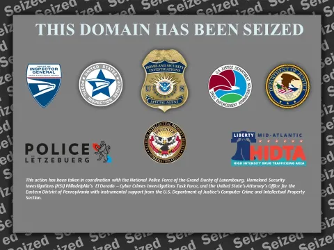 HSI Philadelphia Seizure Banner with text stating This Domain Has Been Seized with badges from HSI and its law enforcement partners.