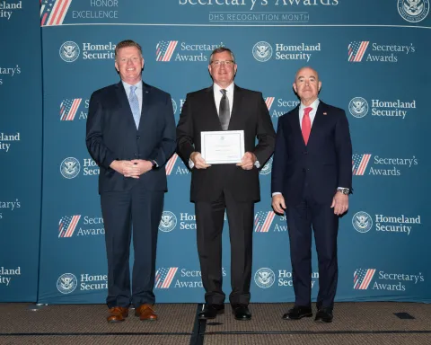 Left to right: U.S. Secret Service Director James Murray, Leadership Excellence Award recipient Thomas J. Sullivan, and DHS Secretary Alejandro Mayorkas.