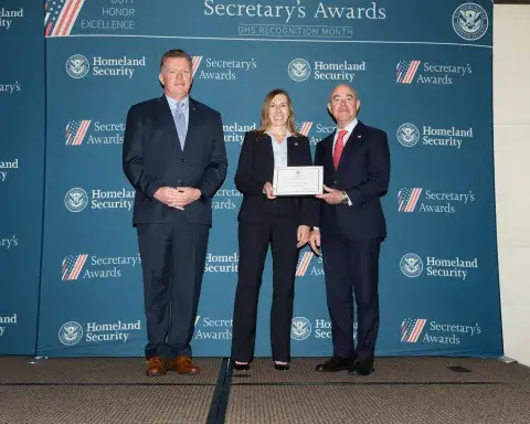 Left to right: U.S. Secret Service Director James Murray, Innovation Award recipient Dr. Michelle M. Keeney, and DHS Secretary Alejandro Mayorkas.