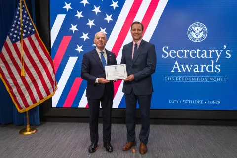 DHS Secretary Alejandro Mayorkas with Innovation Award recipient, Pierre A. Noizet.