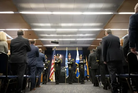 United States Secret Service Uniformed Division Honor Guard stands at attention during Wall of Honor Ceremony at the Secret Service Headquarters in Washington D.C.