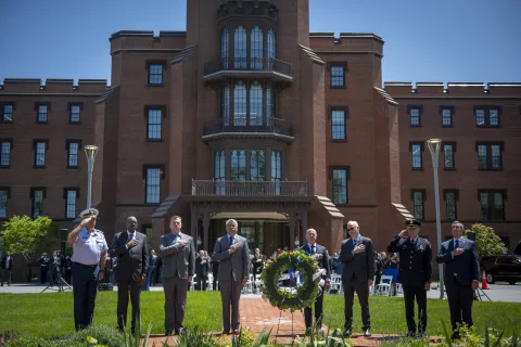 Homeland Security Secretary Alejandro Mayorkas hosts the DHS wreath laying ceremony at the department headquarters at the St. Elizabeth's campus. (Left to right) USCG Commandant Admiral Karl Schultz, Acting ICE Director Tae Johnson, U.S. Secret Service Director Jim Murray, Homeland Security Deputy Secretary John Tien, Homeland Security Secretary Alejandro Mayorkas, CBP Commissioner Chris Magnus, FPS Principal Deputy Director Kris Cline, and TSA Administrator David Pekoske dedicated a wreath to fallen DHS members.