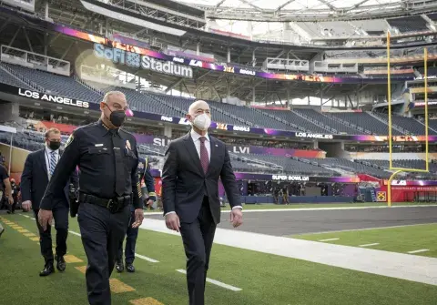 Secretary Mayorkas meets with state and local law enforcement and the National Football League to review DHS operations to help ensure the safety and security of employees, players, and fans during Super Bowl LVI. 