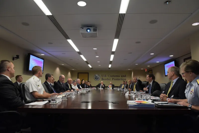 Secretary of Homeland Security Jeh Johnson meets with interagency leadership to discuss ongoing collaborative efforts to address aviation security safety issues created by the illicit use of unmanned aerial systems in the National Capital Region in Washington, D.C., Thursday, Sept. 17, 2015.