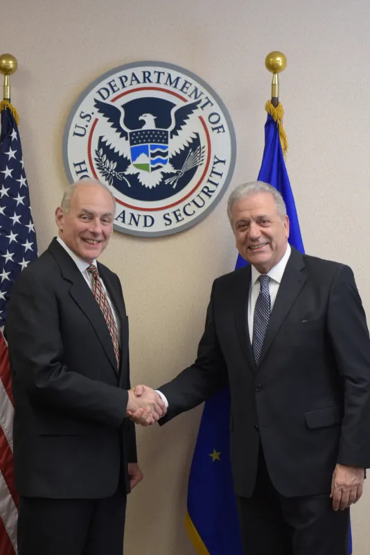 Secretary Kelly and European Union (EU) Commissioner for Migration, Home Affairs and Citizenship Dimitris Avramopoulos meet to discuss the strong partnership between DHS and the EU in the pursuit of global security.
