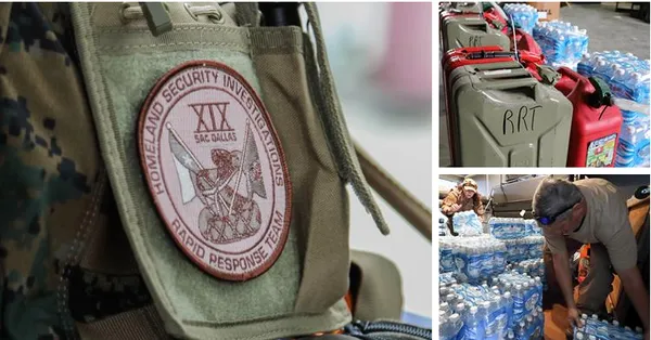 Photo left: badge from a Homeland Security Investigations Rapid Response Team uniform. Photo top right: water collected by ICE employees to be distributed to individuals affected by Hurricane Harvey. Photo bottom right: ICE employee organizes water to distribute to individuals affected by Hurricane Harvey. (Photos courtesy of ICE Public Affairs).
