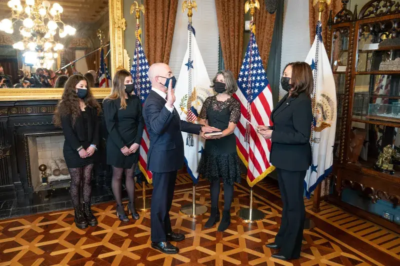 On February 2, 2021, Vice President Kamala Harris swore in Alajandro Mayorkas as Secretary of Homeland Security. Vice President Harris tweeted 'Congratulations to @AliMayorkas, our new Secretary of Homeland Security. Secretary Mayorkas is a dedicated public servant with a wealth of experience, who will keep America safe while upholding our values.'