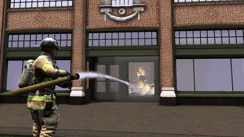 EDGE firefighter avatar sprays hose into a burning building.